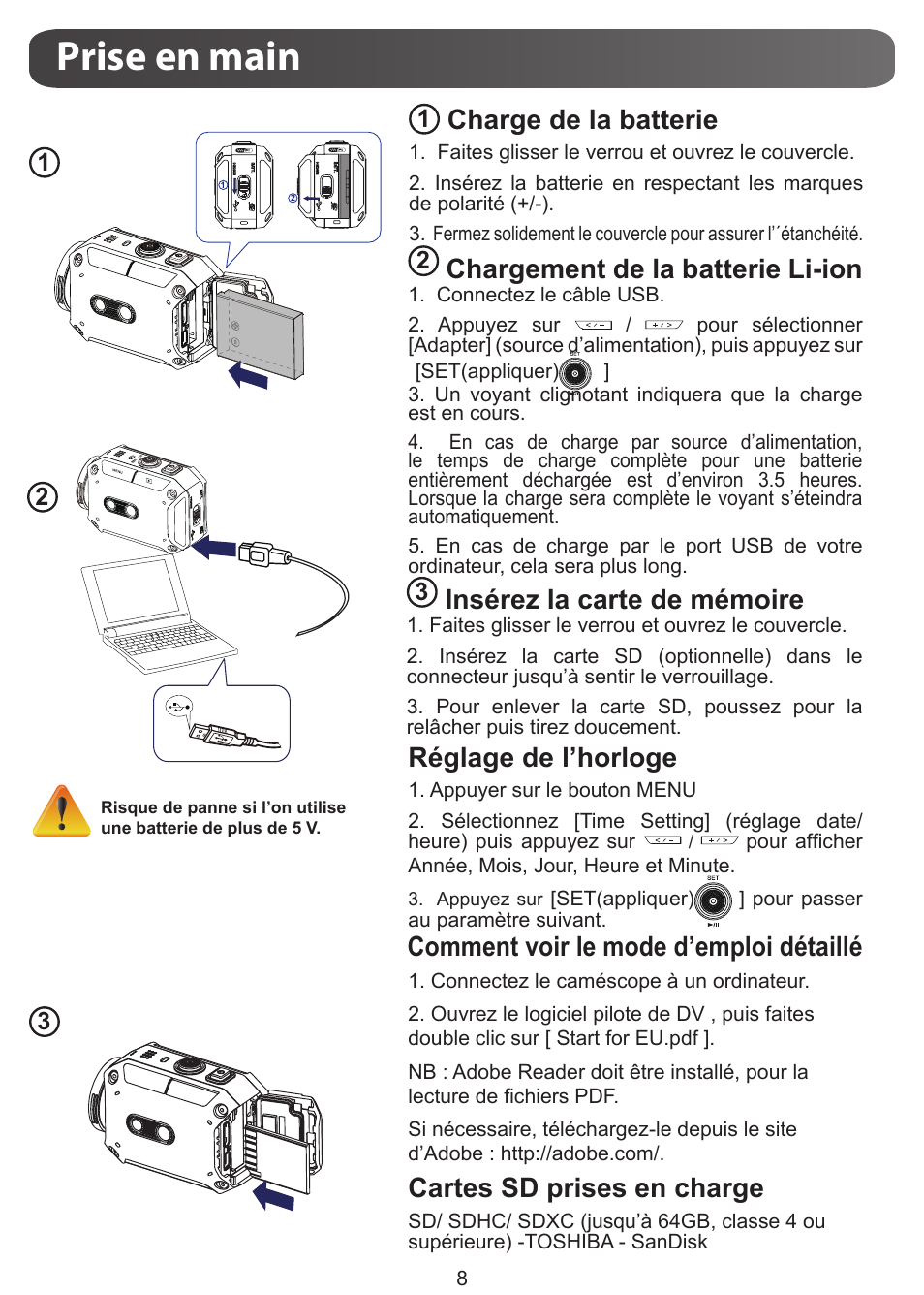 Prise en main, Insérez la carte de mémoire, Charge de la batterie | Réglage de l’horloge, Comment voir le mode d’emploi détaillé, Cartes sd prises en charge, Chargement de la batterie li-ion | JVC GC-XA1 BE User Manual | Page 46 / 210