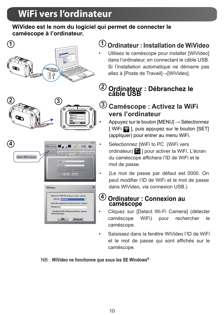 Wifi vers l’ordinateur, Ordinateur : installation de wivideo, Ordinateur : débranchez le câble usb | Caméscope : activez la wifi vers l’ordinateur, Ordinateur : connexion au caméscope | JVC GC-XA1 BE User Manual | Page 48 / 210