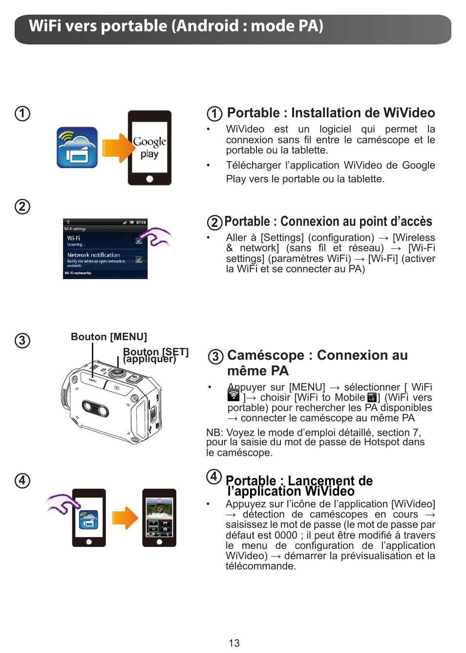 Wifi vers portable (android : mode pa), Portable : installation de wivideo, Portable : connexion au point d’accès | Caméscope : connexion au même pa, Portable : lancement de l’application wivideo | JVC GC-XA1 BE User Manual | Page 51 / 210