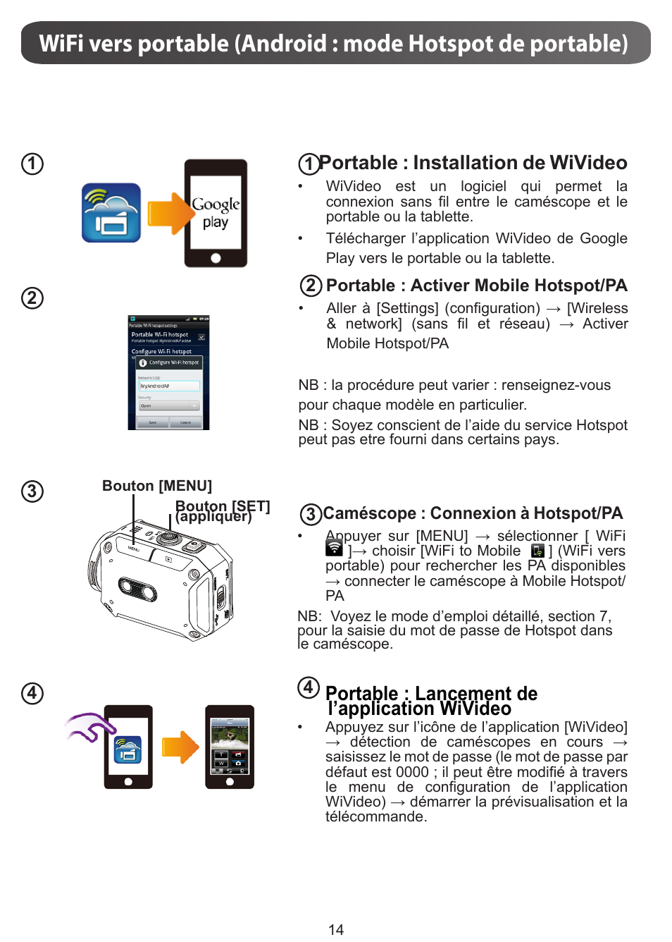 Portable : installation de wivideo, Portable : lancement de l’application wivideo | JVC GC-XA1 BE User Manual | Page 52 / 210