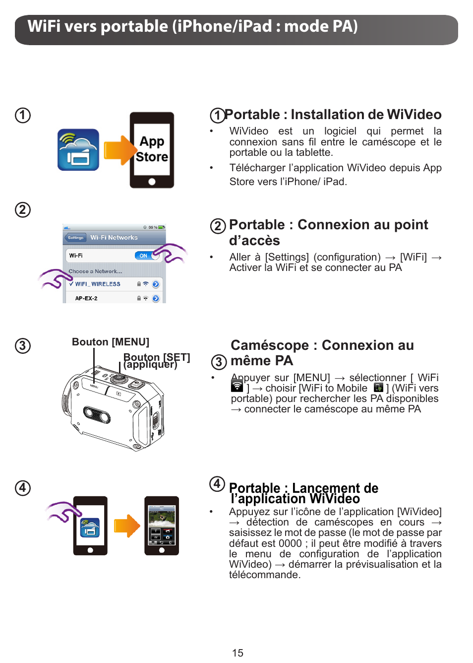 Wifi vers portable (iphone/ipad : mode pa), Portable : installation de wivideo, Portable : connexion au point d’accès | Caméscope : connexion au même pa, Portable : lancement de l’application wivideo | JVC GC-XA1 BE User Manual | Page 53 / 210