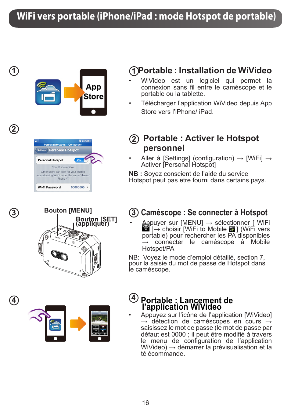 Portable : installation de wivideo, Portable : activer le hotspot personnel, Caméscope : se connecter à hotspot | Portable : lancement de l’application wivideo | JVC GC-XA1 BE User Manual | Page 54 / 210