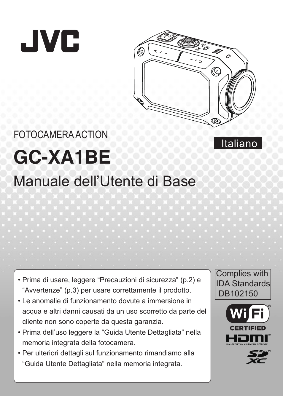 Italiano, Gc-xa1be, Manuale dell’utente di base | Italiano fotocamera action | JVC GC-XA1 BE User Manual | Page 58 / 210