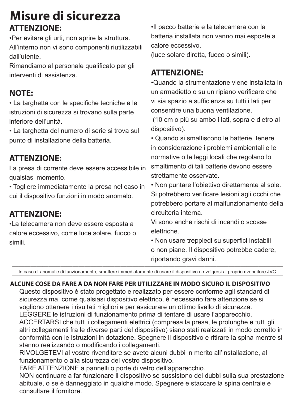 Misure di sicurezza, Attenzione | JVC GC-XA1 BE User Manual | Page 59 / 210