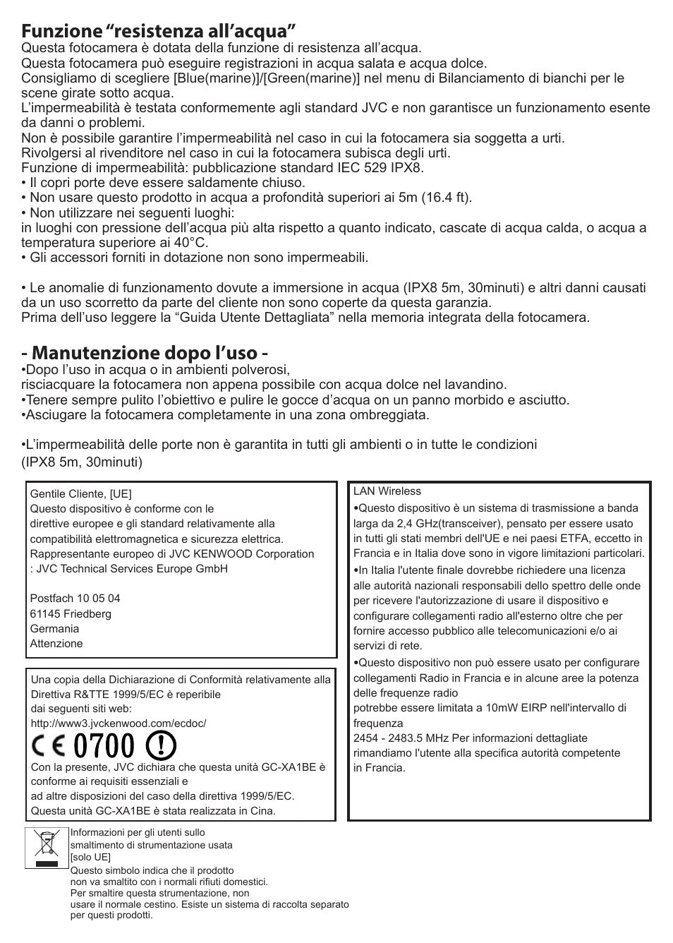 Funzione “resistenza all’acqua, Manutenzione dopo l’uso | JVC GC-XA1 BE User Manual | Page 61 / 210