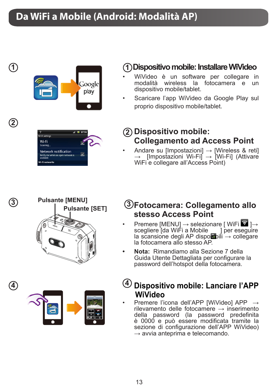 Da wifi a mobile (android: modalità ap), Dispositivo mobile: installare wivideo, Dispositivo mobile: collegamento ad access point | Fotocamera: collegamento allo stesso access point, Dispositivo mobile: lanciare l’app wivideo | JVC GC-XA1 BE User Manual | Page 70 / 210