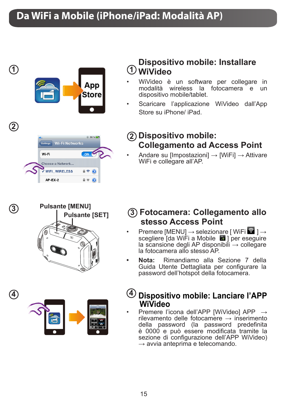 Da wifi a mobile (iphone/ipad: modalità ap), Dispositivo mobile: installare wivideo, Dispositivo mobile: collegamento ad access point | Fotocamera: collegamento allo stesso access point, Dispositivo mobile: lanciare l’app wivideo | JVC GC-XA1 BE User Manual | Page 72 / 210