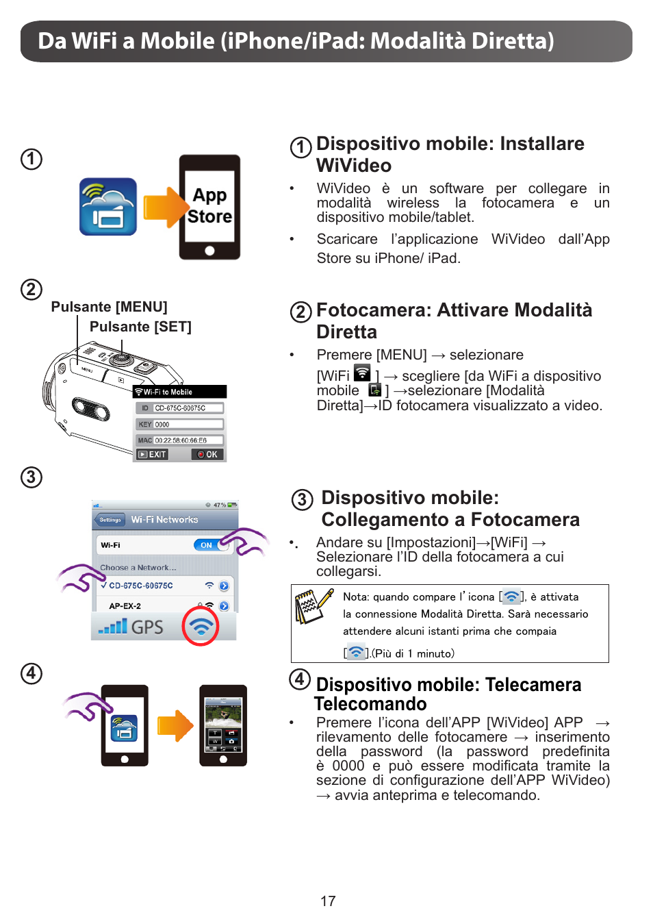 Da wifi a mobile (iphone/ipad: modalità diretta), Dispositivo mobile: installare wivideo, Fotocamera: attivare modalità diretta | Dispositivo mobile: collegamento a fotocamera, Dispositivo mobile: telecamera telecomando | JVC GC-XA1 BE User Manual | Page 74 / 210