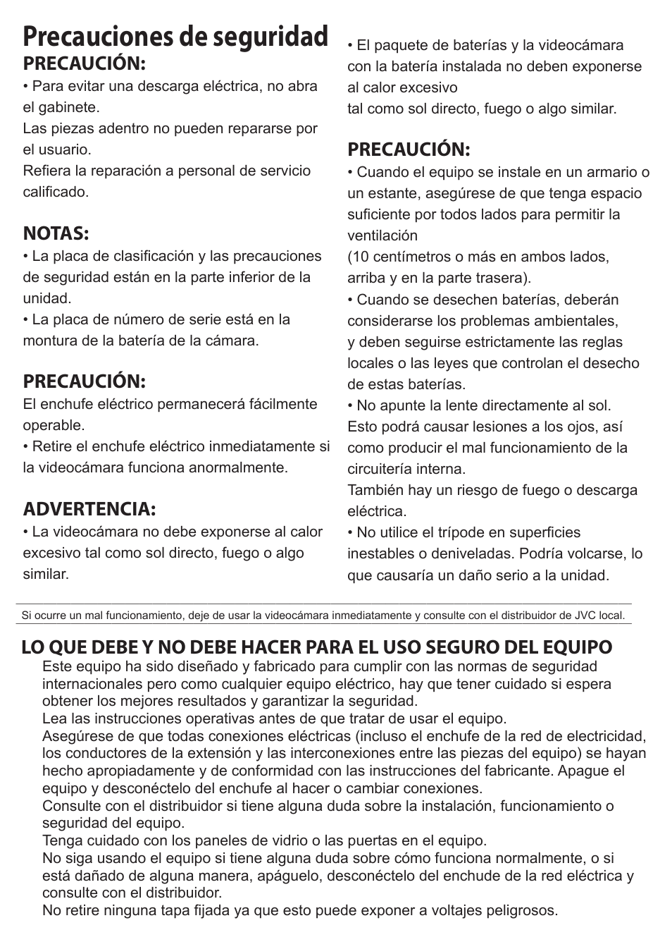 Precauciones de seguridad, Precaución, Notas | Advertencia | JVC GC-XA1 BE User Manual | Page 78 / 210