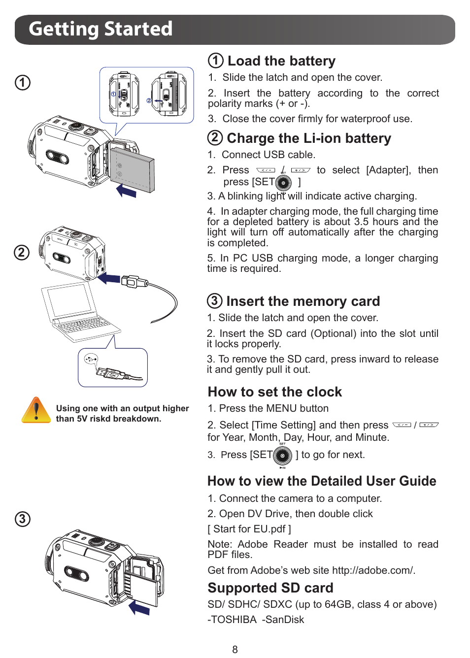 Getting started, Load the battery, How to set the clock | How to view the detailed user guide, Supported sd card, Charge the li-ion battery | JVC GC-XA1 BE User Manual | Page 8 / 210
