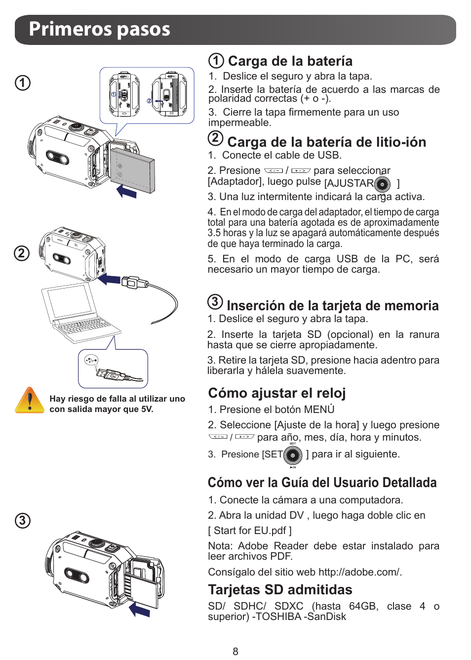 Primeros pasos, Carga de la batería, Cómo ajustar el reloj | Cómo ver la guía del usuario detallada, Tarjetas sd admitidas, Carga de la batería de litio-ión | JVC GC-XA1 BE User Manual | Page 84 / 210