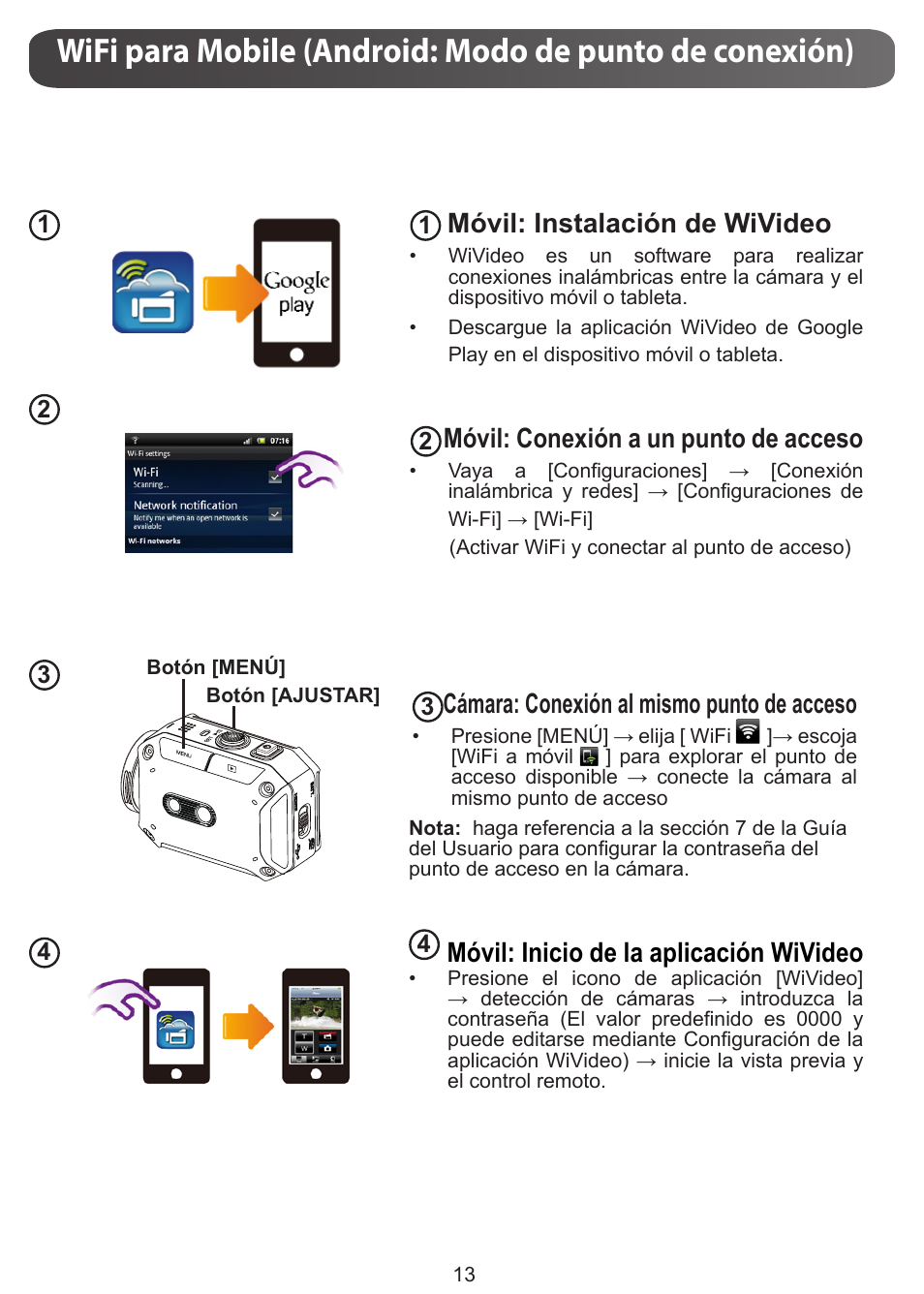 Móvil: instalación de wivideo, Móvil: conexión a un punto de acceso, Cámara: conexión al mismo punto de acceso | Móvil: inicio de la aplicación wivideo | JVC GC-XA1 BE User Manual | Page 89 / 210