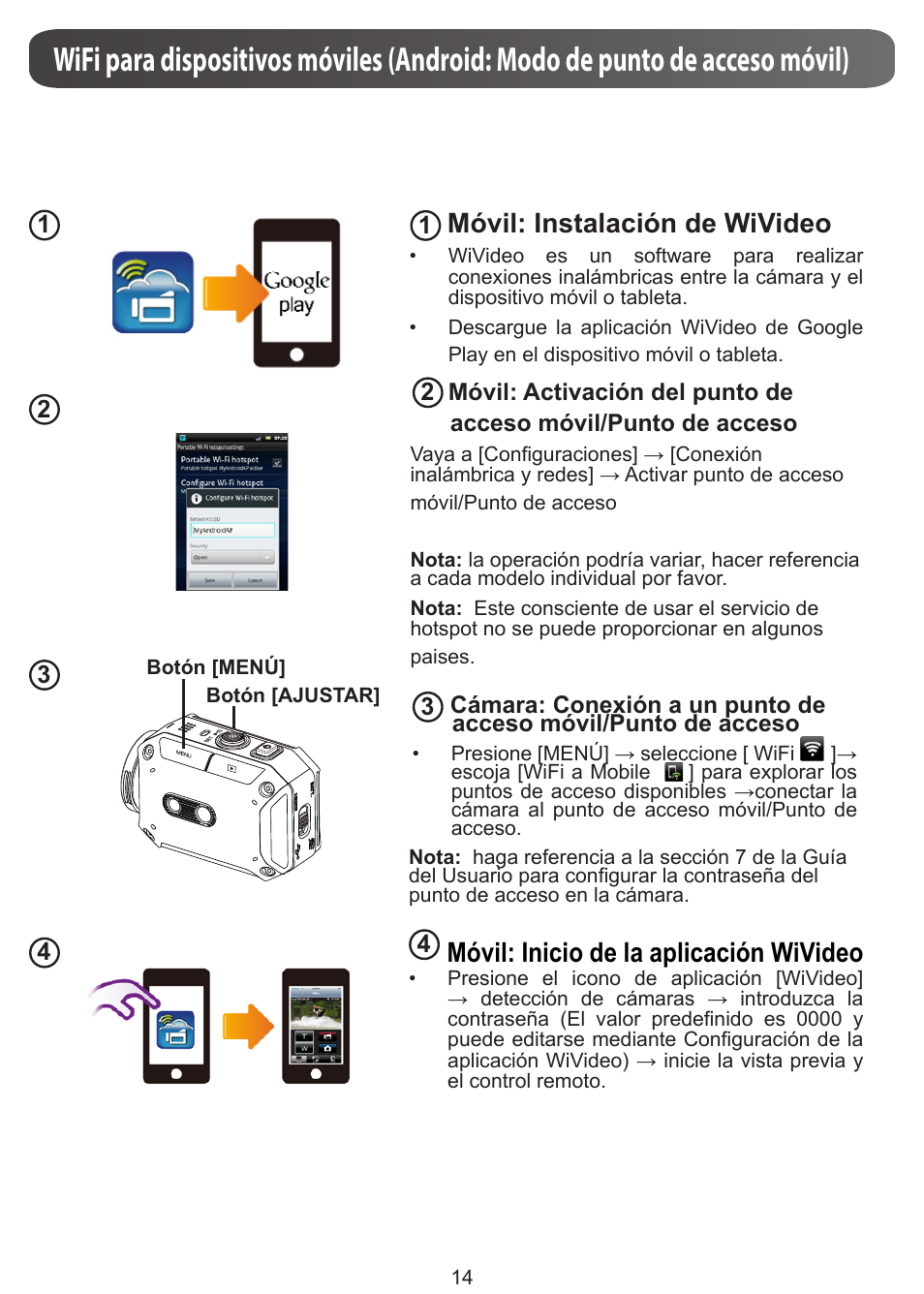 Móvil: instalación de wivideo, Móvil: inicio de la aplicación wivideo | JVC GC-XA1 BE User Manual | Page 90 / 210