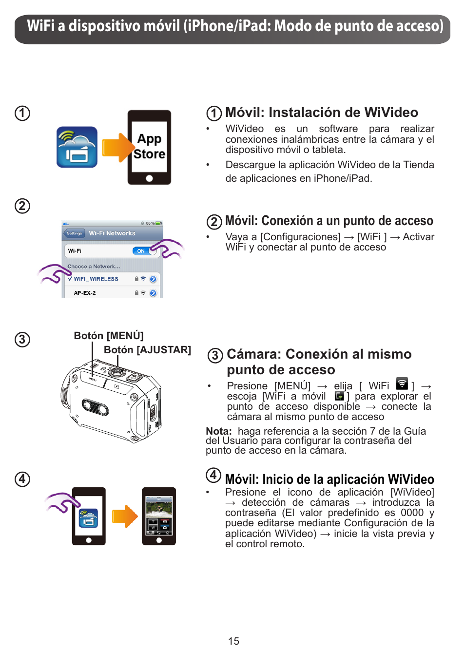 Móvil: instalación de wivideo, Móvil: conexión a un punto de acceso, Cámara: conexión al mismo punto de acceso | Móvil: inicio de la aplicación wivideo | JVC GC-XA1 BE User Manual | Page 91 / 210