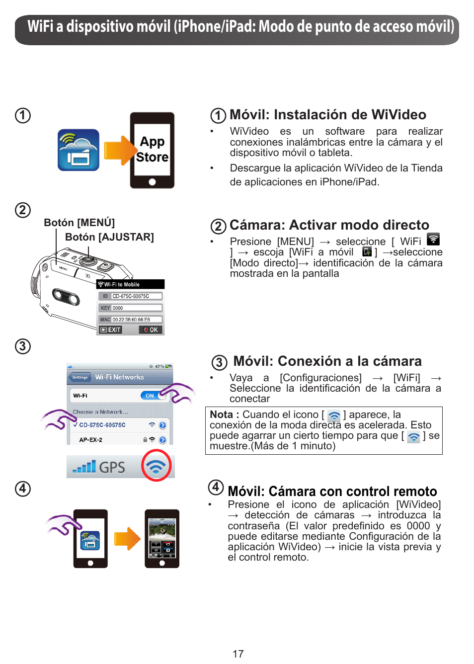 Móvil: instalación de wivideo, Cámara: activar modo directo, Móvil: conexión a la cámara | Móvil: cámara con control remoto | JVC GC-XA1 BE User Manual | Page 93 / 210