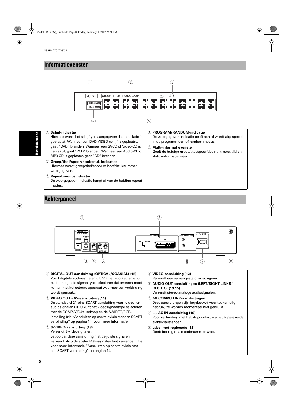 Informatievenster, Achterpaneel | JVC QP-111 User Manual | Page 112 / 156