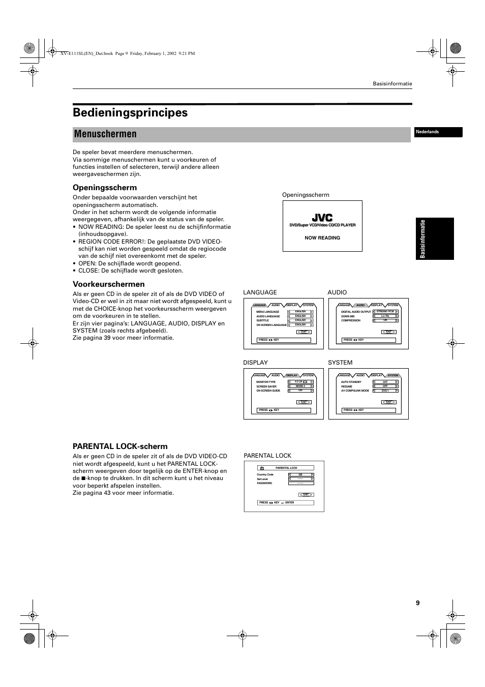 Bedieningsprincipes, Menuschermen, Openingsscherm | Voorkeurschermen, Parental lock-scherm, Ba sisinformatie | JVC QP-111 User Manual | Page 113 / 156