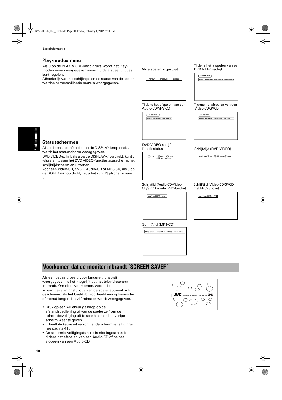 Voorkomen dat de monitor inbrandt [screen saver, Play-modusmenu, Statusschermen | JVC QP-111 User Manual | Page 114 / 156