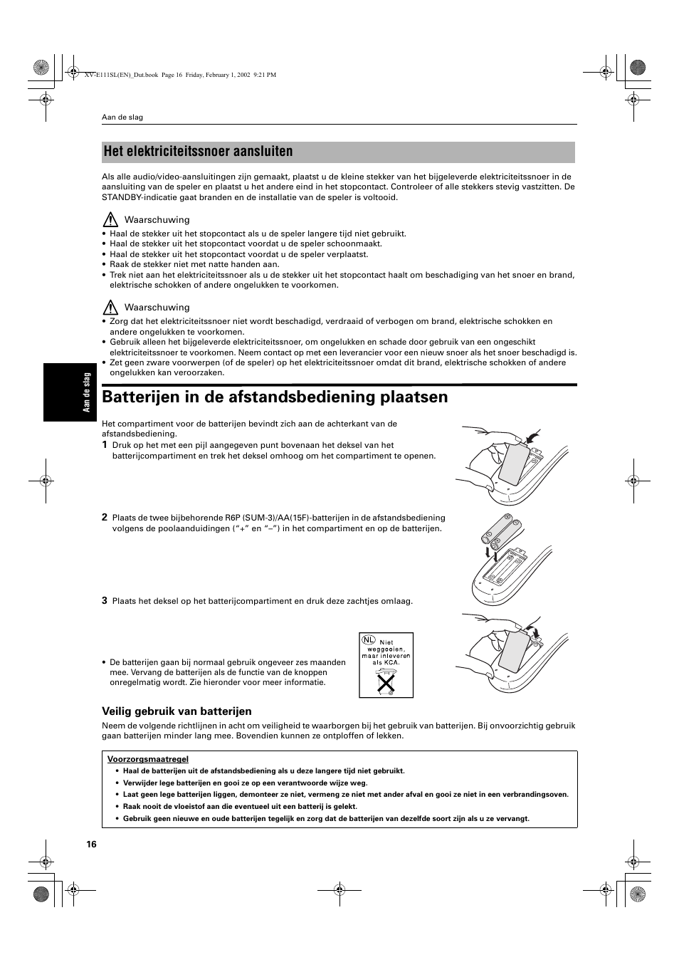 Batterijen in de afstandsbediening plaatsen, Het elektriciteitssnoer aansluiten | JVC QP-111 User Manual | Page 120 / 156