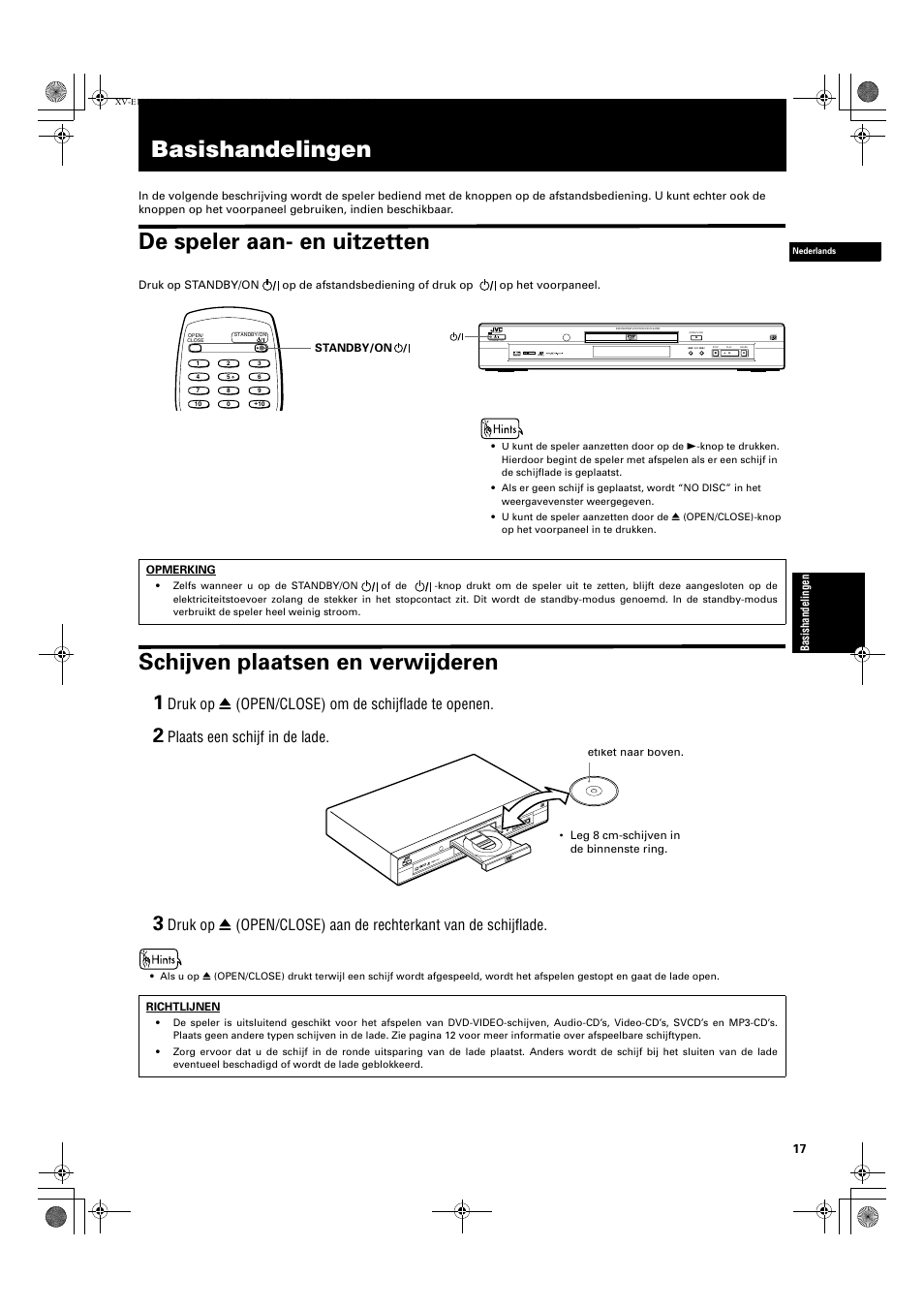 Basishandelingen, De speler aan- en uitzetten, Schijven plaatsen en verwijderen | Druk op 0 (open/close) om de schijflade te openen, Plaats een schijf in de lade, Standby, Dolby d | JVC QP-111 User Manual | Page 121 / 156