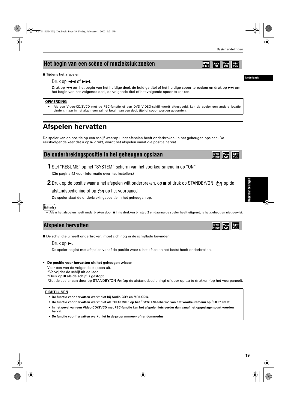 Afspelen hervatten, Het begin van een scène of muziekstuk zoeken | JVC QP-111 User Manual | Page 123 / 156