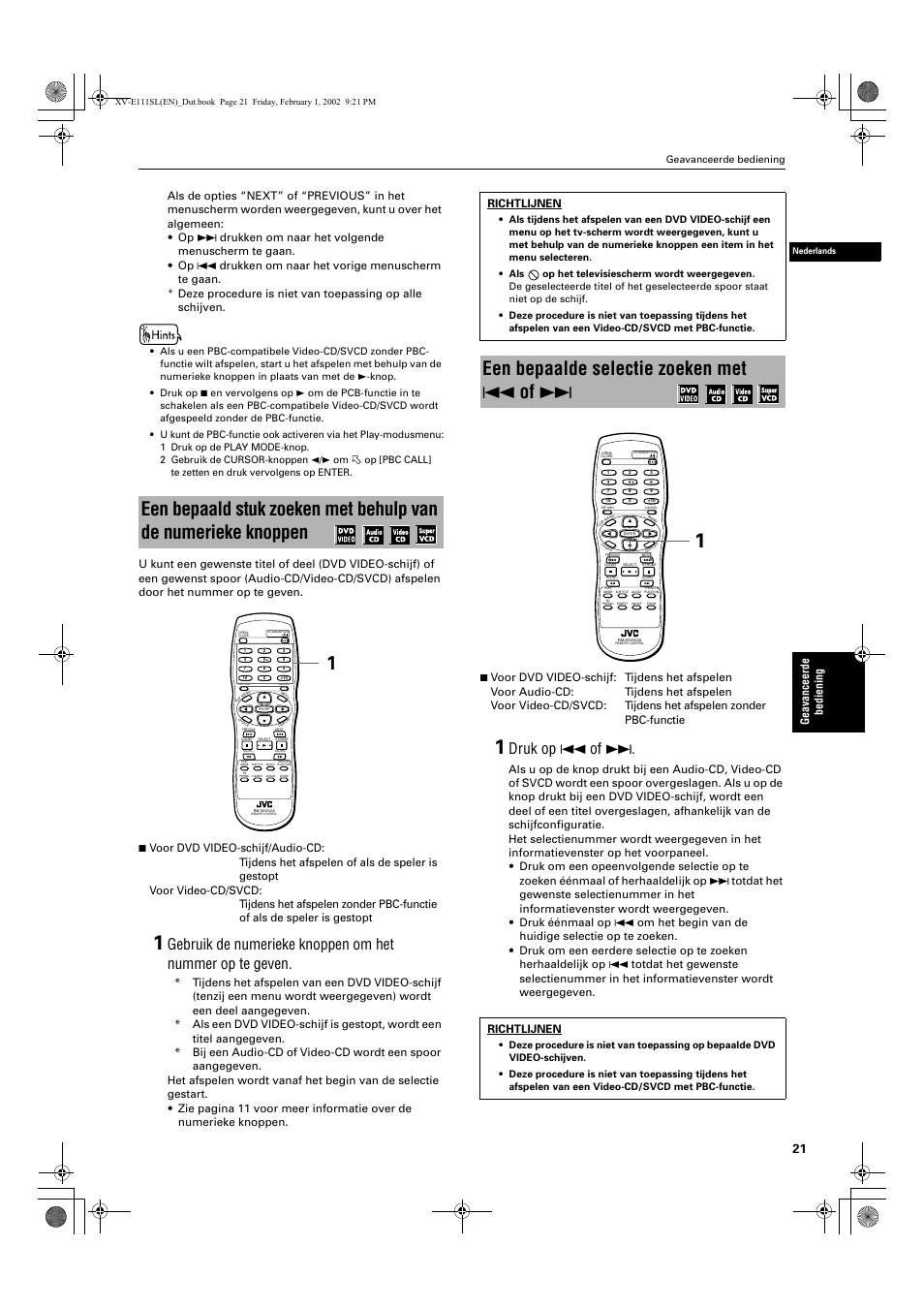 Een bepaalde selectie zoeken met 4 of, Druk op 4 of, Geavanceerde bedie n ing | Richtlijnen | JVC QP-111 User Manual | Page 125 / 156