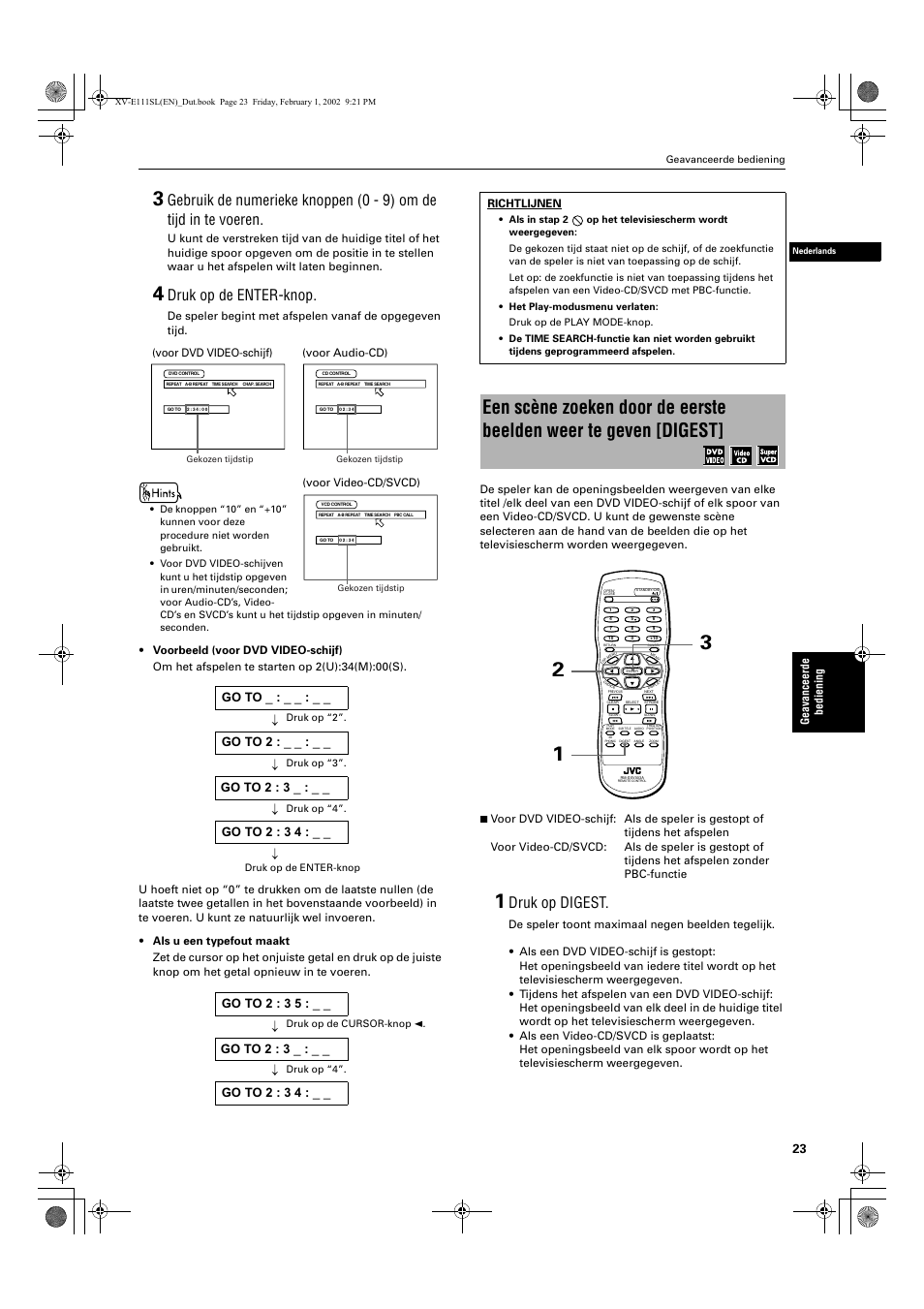 Druk op de enter-knop, Druk op digest | JVC QP-111 User Manual | Page 127 / 156