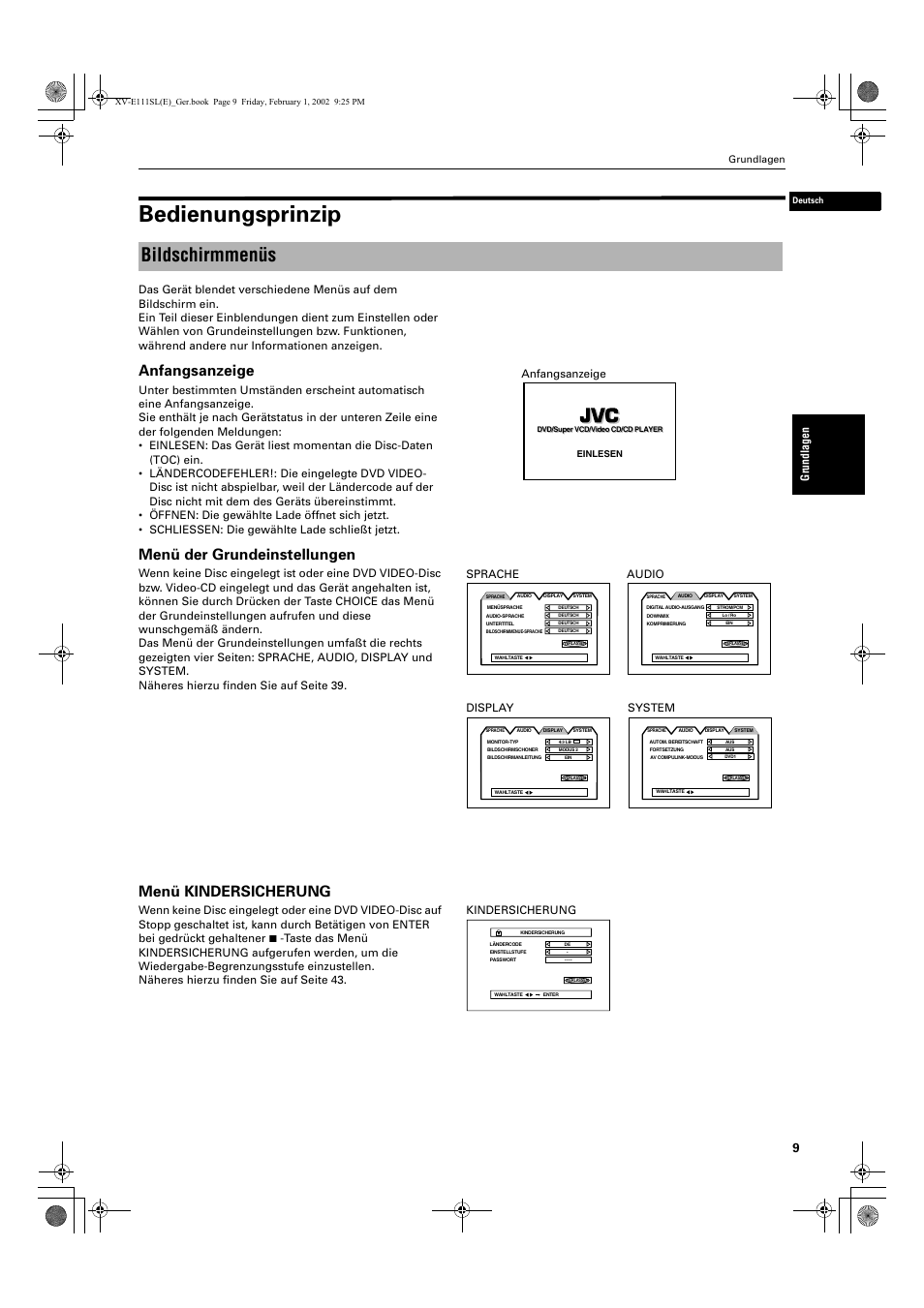 Bedienungsprinzip, Bildschirmmenüs, Anfangsanzeige | Menü der grundeinstellungen, Menü kindersicherung, Grundlagen | JVC QP-111 User Manual | Page 13 / 156