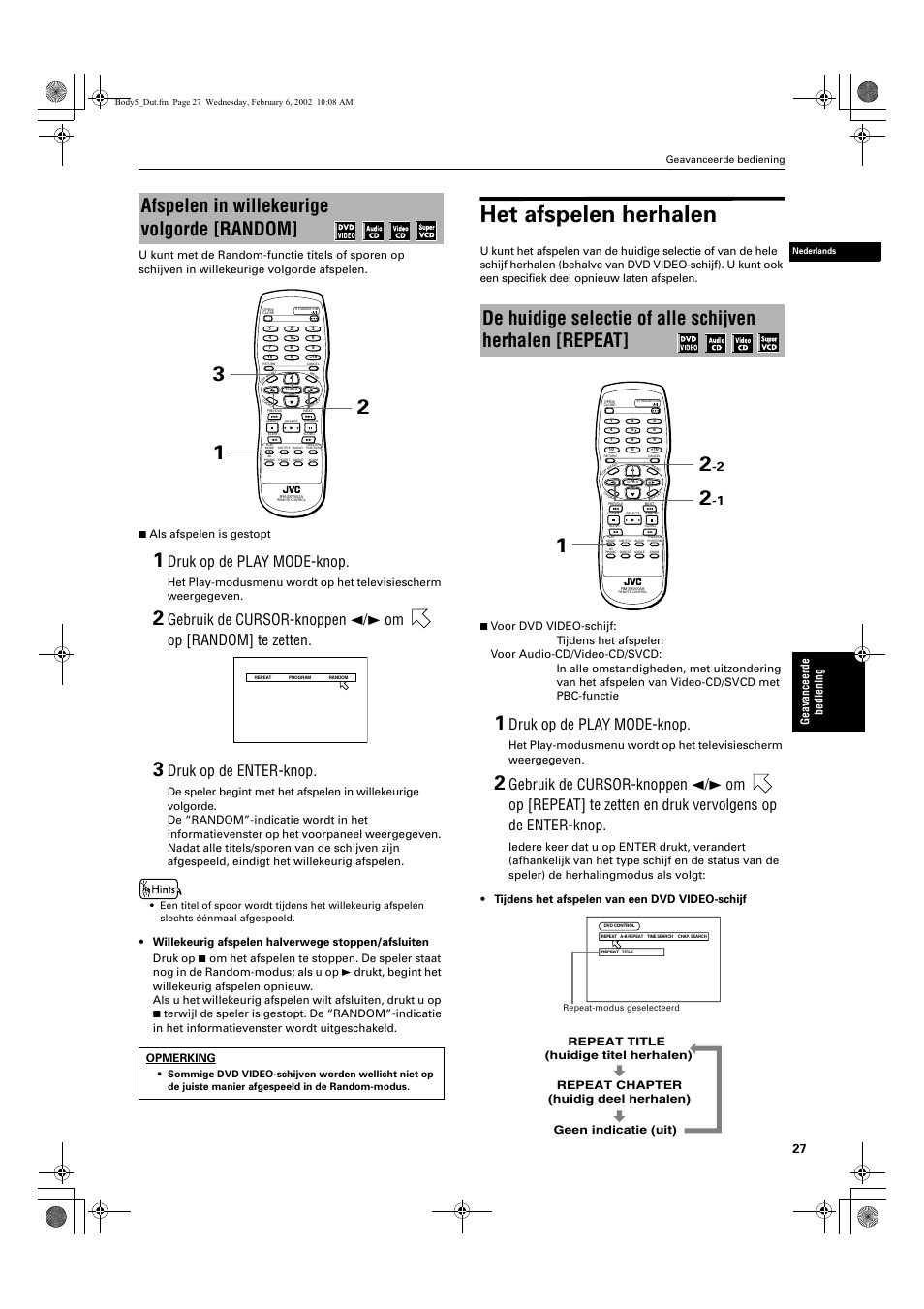 Het afspelen herhalen, Afspelen in willekeurige volgorde [random, Druk op de play mode-knop | Druk op de enter-knop, Geavanceerde bedie n ing, Opmerking | JVC QP-111 User Manual | Page 131 / 156