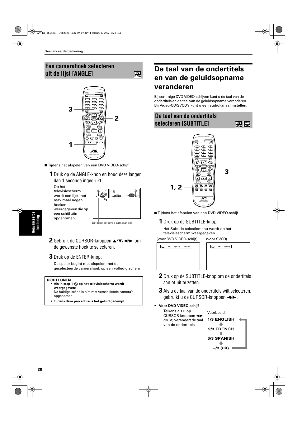 Een camerahoek selecteren uit de lijst [angle, De taal van de ondertitels selecteren [subtitle, Druk op de enter-knop | Druk op de subtitle-knop, Richtlijnen | JVC QP-111 User Manual | Page 134 / 156