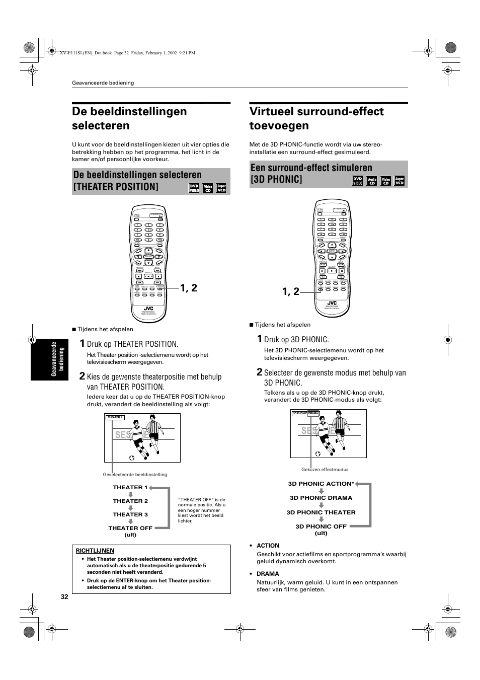 De beeldinstellingen selecteren, Virtueel surround-effect toevoegen, De beeldinstellingen selecteren [theater position | Een surround-effect simuleren [3d phonic, Druk op theater position, Druk op 3d phonic, Ge avanceerde bediening, Richtlijnen, Geavanceerde bediening, Theater 1 theater 2 theater 3 theater off (ult) | JVC QP-111 User Manual | Page 136 / 156