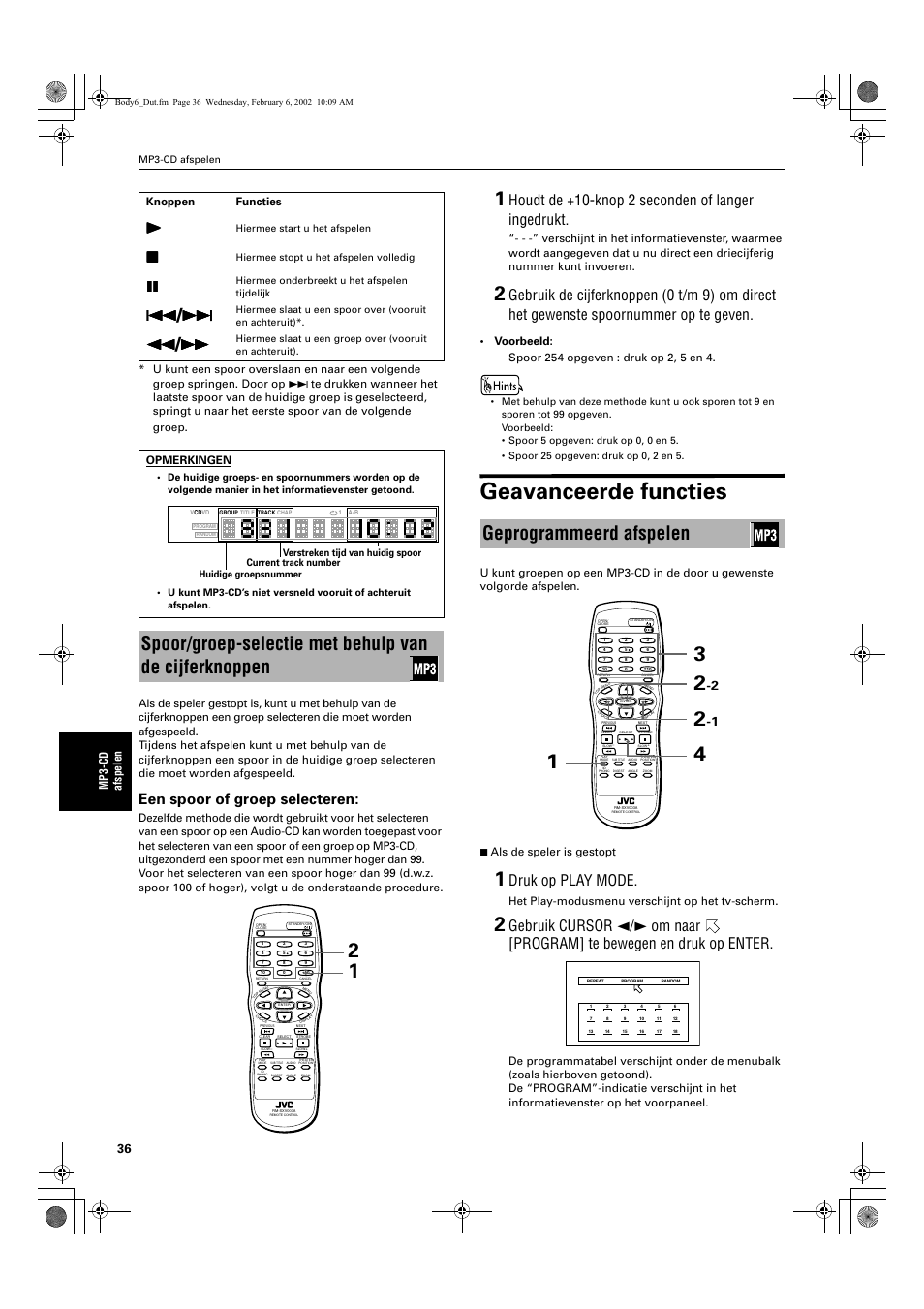 Geavanceerde functies, Geprogrammeerd afspelen, Een spoor of groep selecteren | Houdt de +10-knop 2 seconden of langer ingedrukt, Druk op play mode | JVC QP-111 User Manual | Page 140 / 156