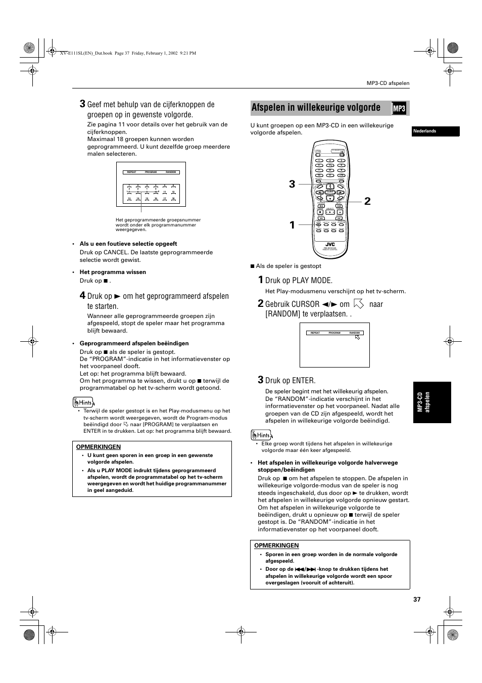 Afspelen in willekeurige volgorde, Druk op play mode, Gebruik cursor 2/3 om naar [random] te verplaatsen | Druk op enter | JVC QP-111 User Manual | Page 141 / 156