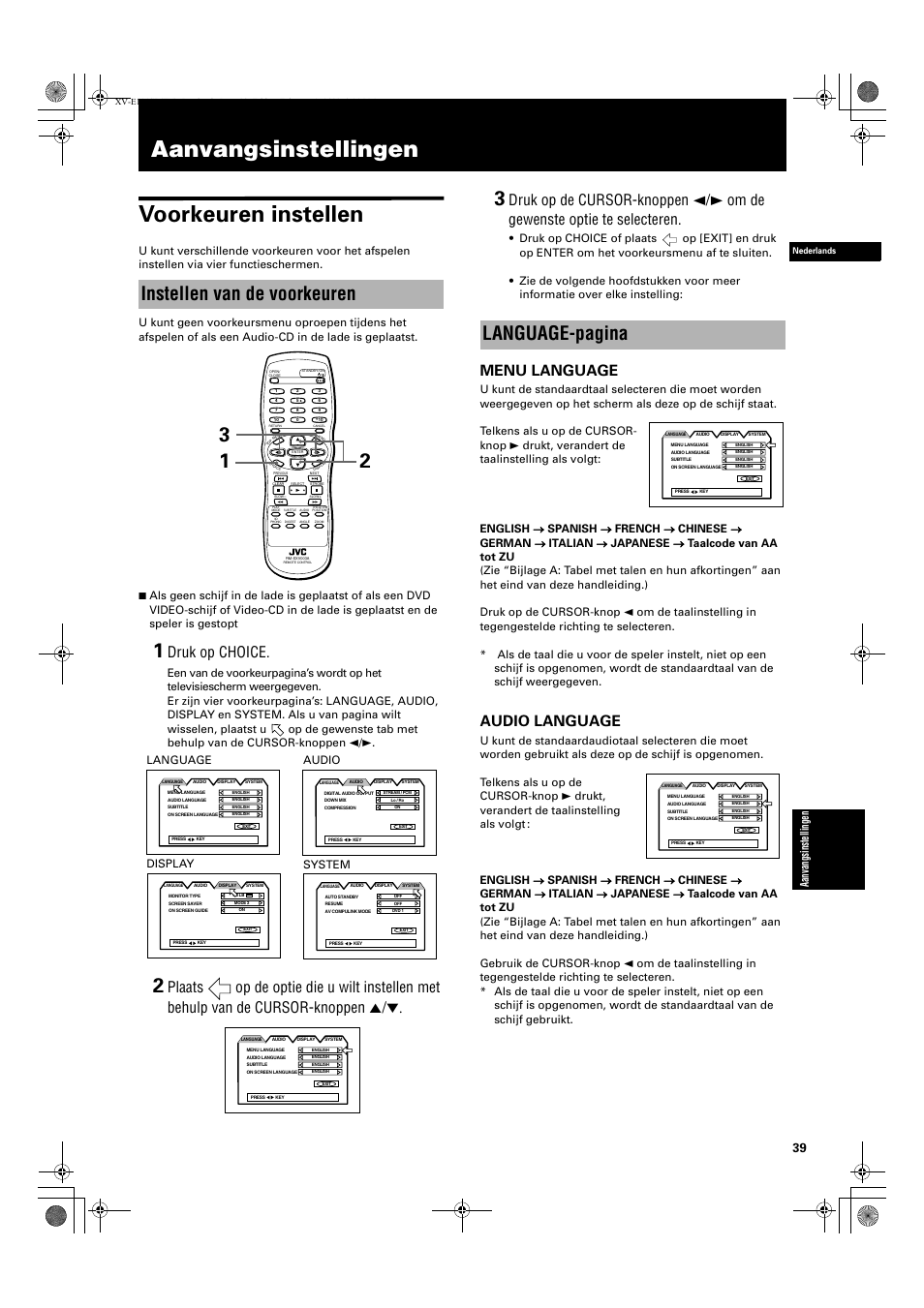 Aanvangsinstellingen voorkeuren instellen, Instellen van de voorkeuren, Language-pagina | Druk op choice, Menu language, Audio language, Aa nv an gs in st el lin ge n, Language audio display system | JVC QP-111 User Manual | Page 143 / 156