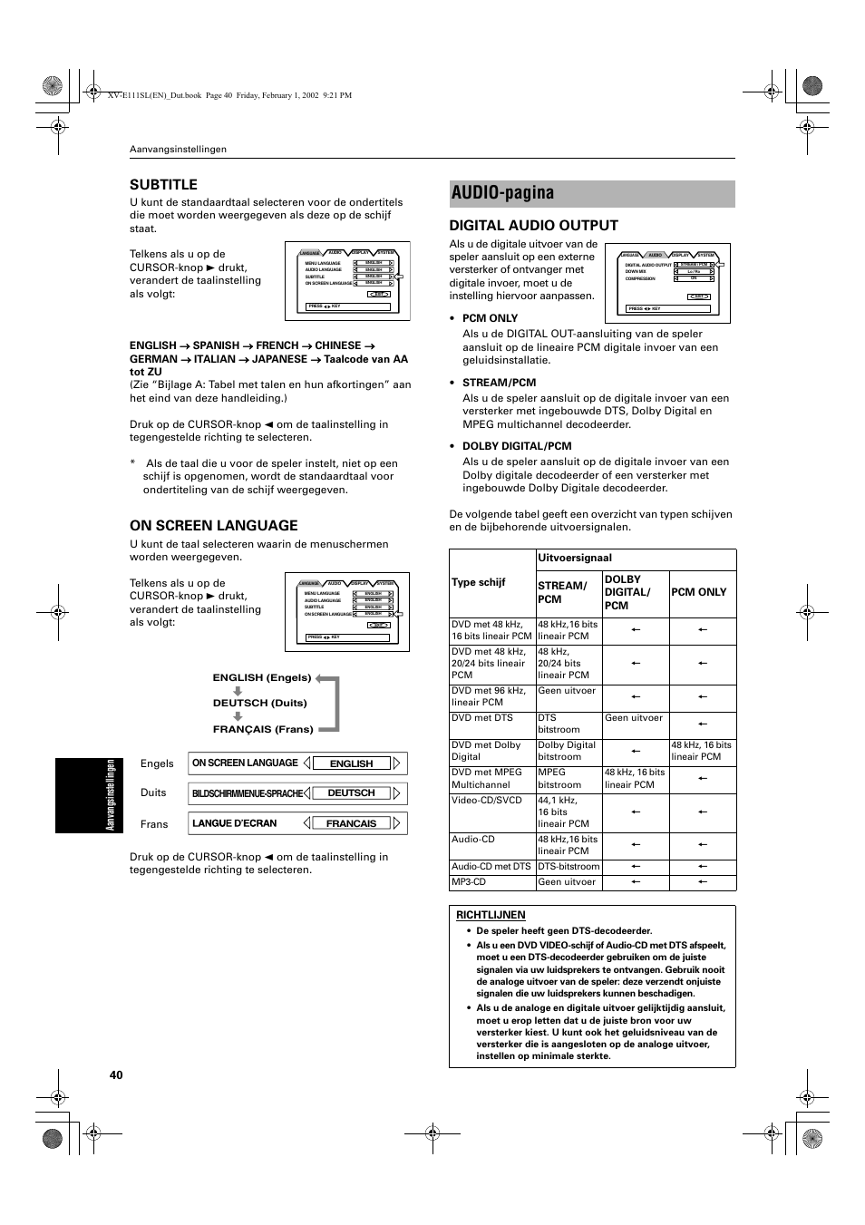 Audio-pagina, Subtitle, On screen language | Digital audio output | JVC QP-111 User Manual | Page 144 / 156