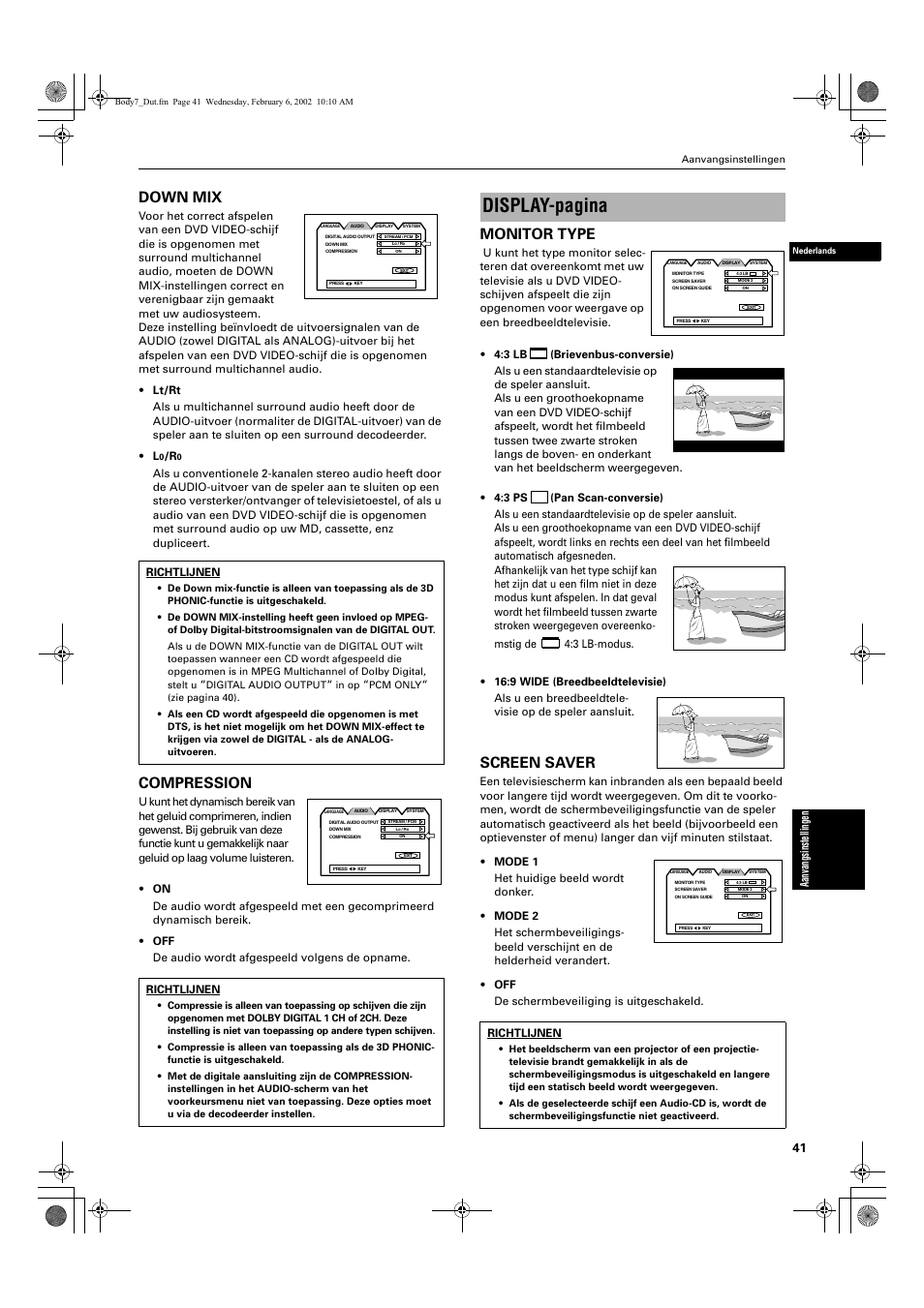 Display-pagina, Down mix, Compression | Monitor type, Screen saver | JVC QP-111 User Manual | Page 145 / 156