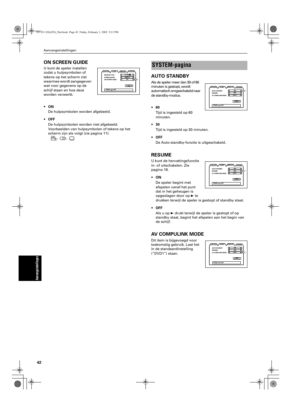 System-pagina, On screen guide, Auto standby | Resume, Av compulink mode, Aa nv an gs in st el lin ge n | JVC QP-111 User Manual | Page 146 / 156