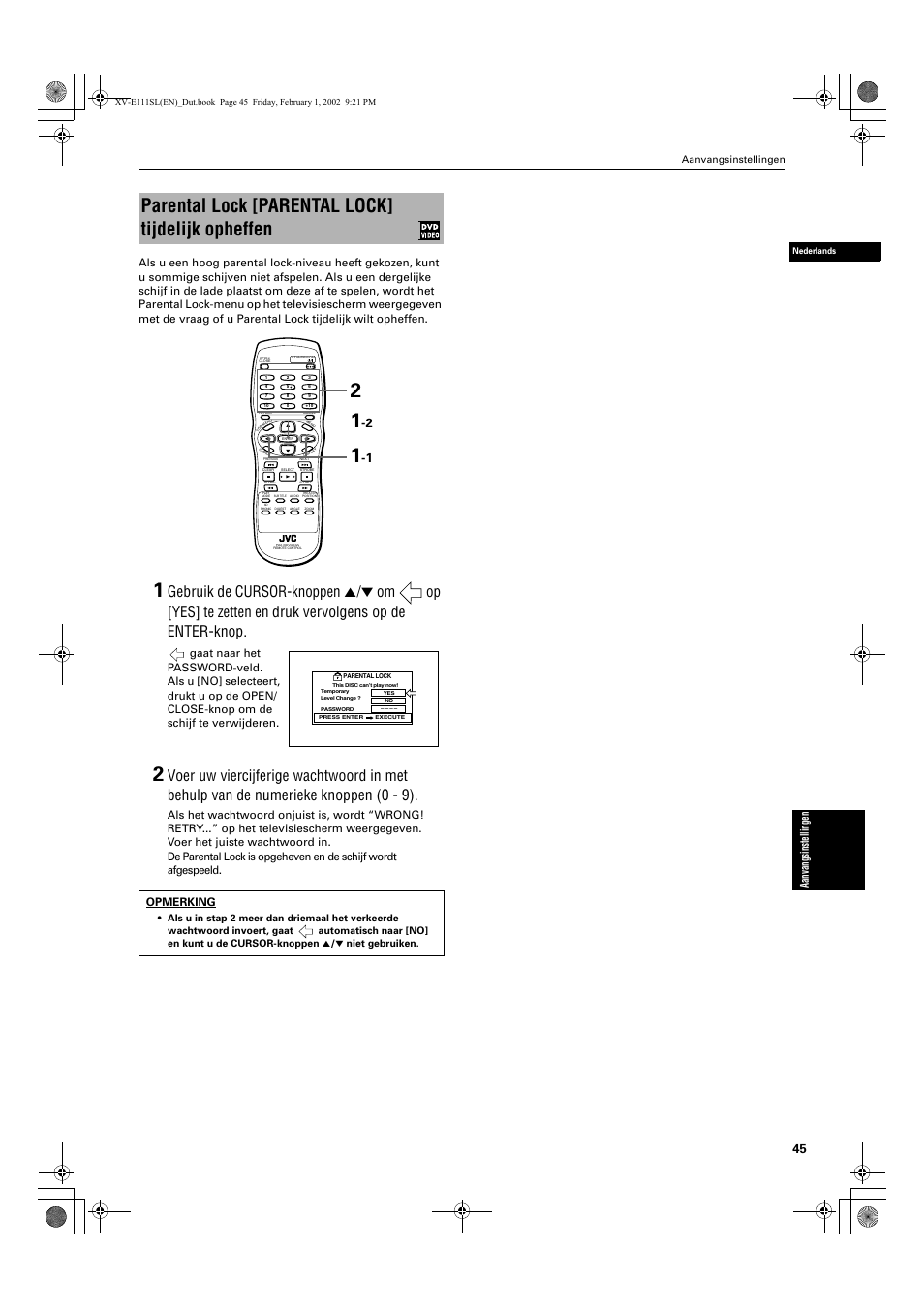 Parental lock [parental lock] tijdelijk opheffen, Opmerking | JVC QP-111 User Manual | Page 149 / 156