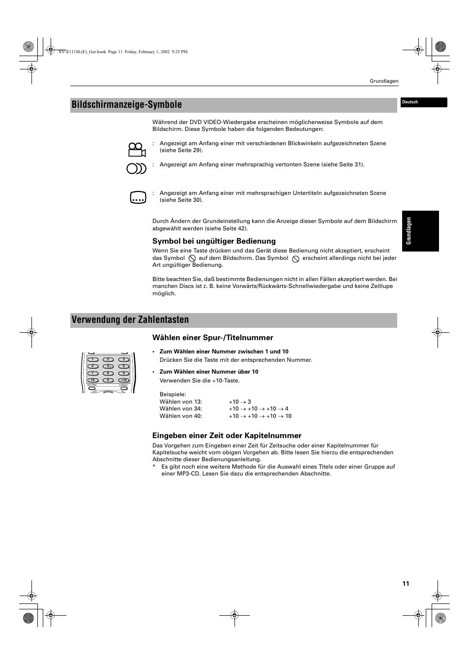 Bildschirmanzeige-symbole, Verwendung der zahlentasten, Symbol bei ungültiger bedienung | Wählen einer spur-/titelnummer, Eingeben einer zeit oder kapitelnummer | JVC QP-111 User Manual | Page 15 / 156