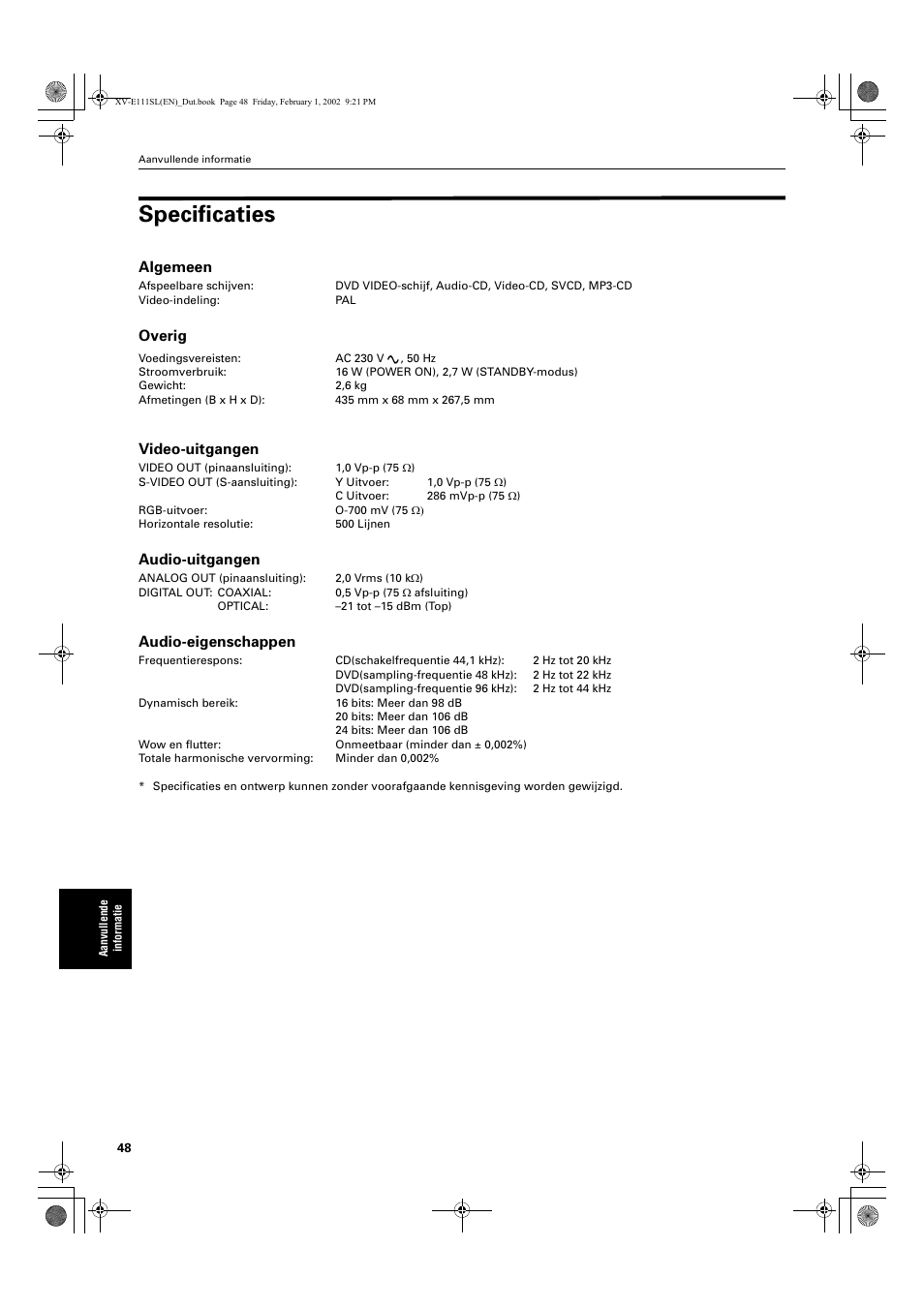 Specificaties, Algemeen, Overig | Video-uitgangen, Audio-uitgangen, Audio-eigenschappen | JVC QP-111 User Manual | Page 152 / 156