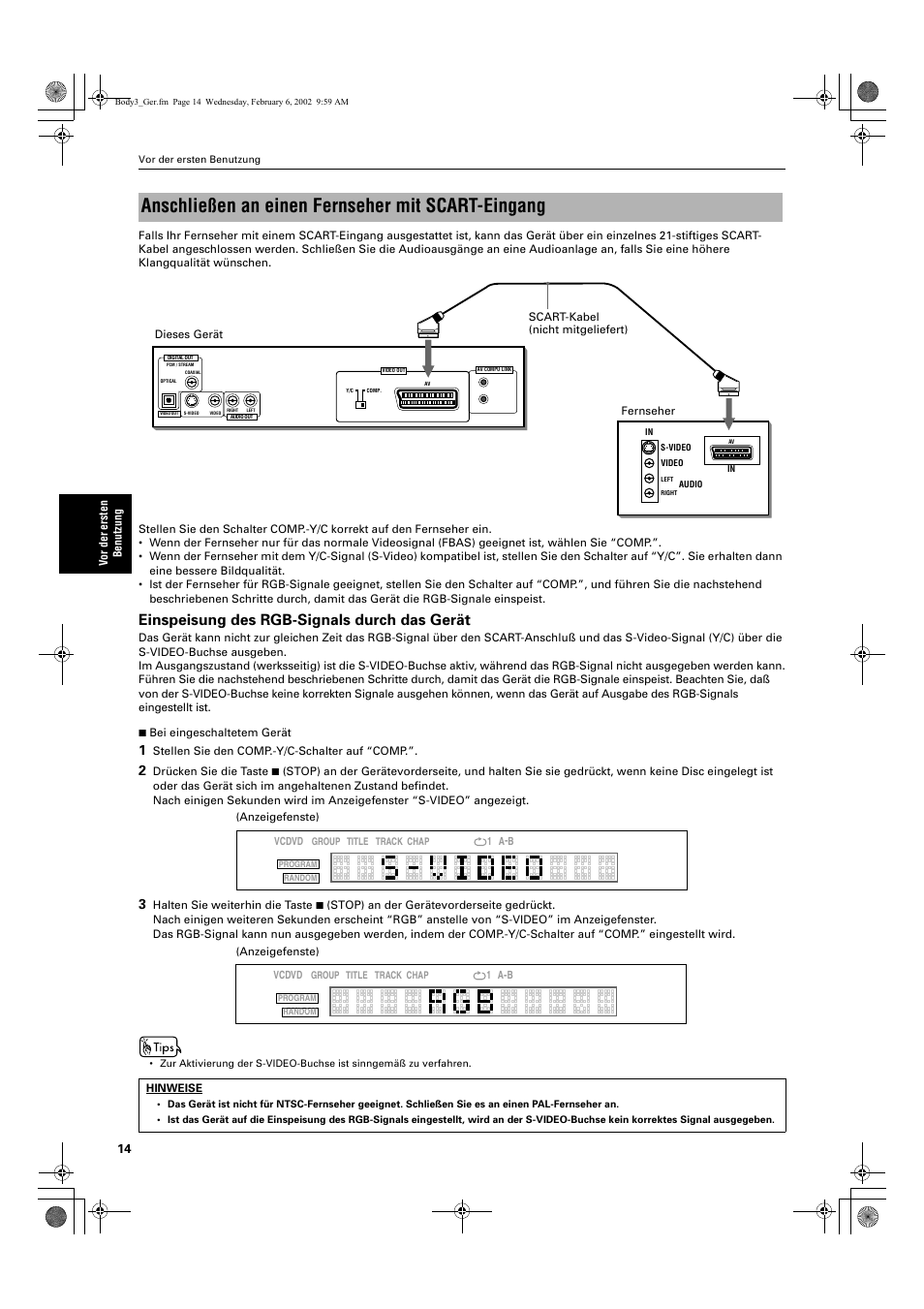 Anschließen an einen fernseher mit scart-eingang, Einspeisung des rgb-signals durch das gerät | JVC QP-111 User Manual | Page 18 / 156