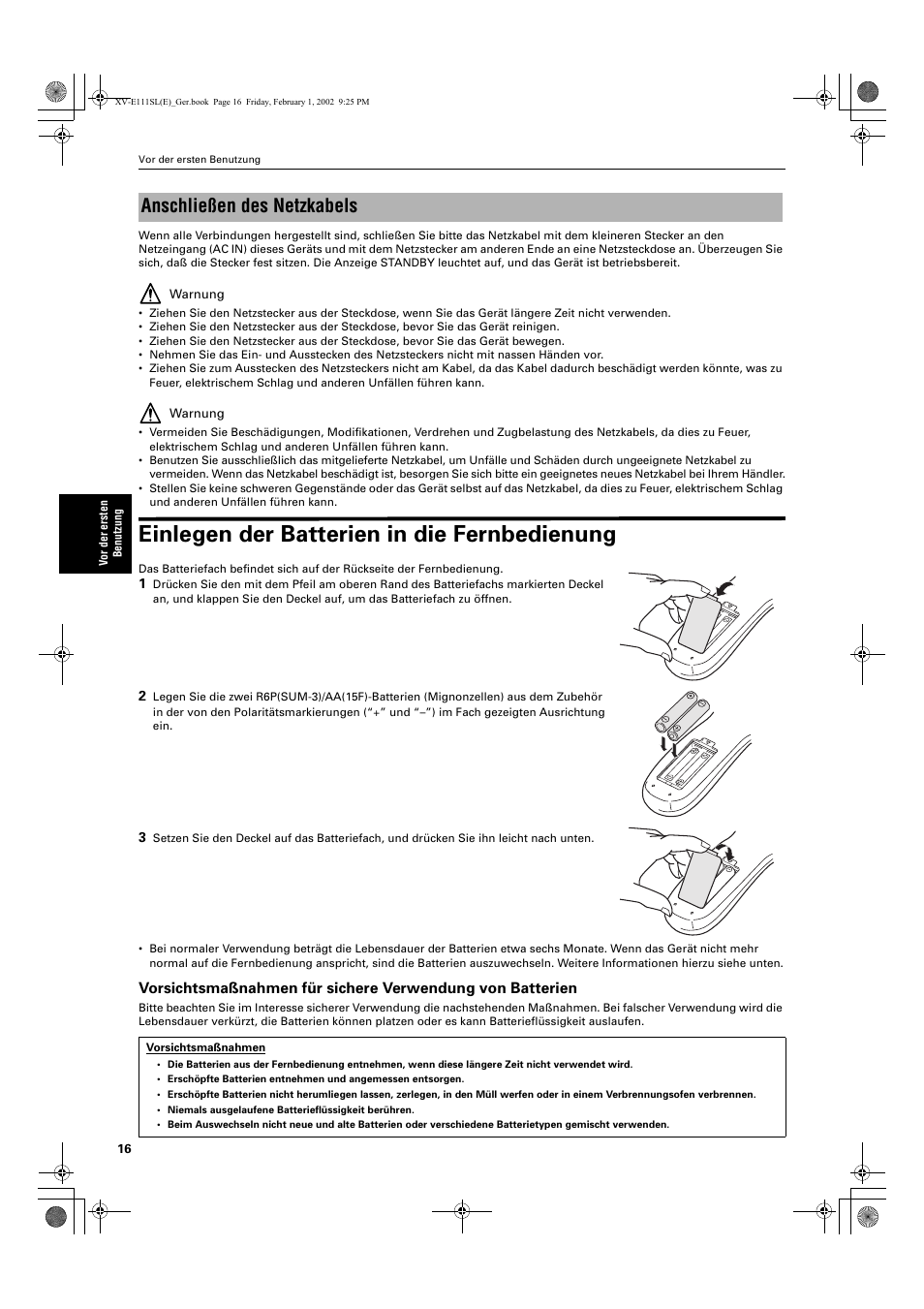Einlegen der batterien in die fernbedienung, Anschließen des netzkabels | JVC QP-111 User Manual | Page 20 / 156