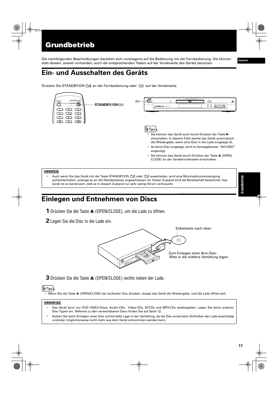 Grundbetrieb, Ein- und ausschalten des geräts, Einlegen und entnehmen von discs | Legen sie die disc in die lade ein, Standby, Dolby d | JVC QP-111 User Manual | Page 21 / 156
