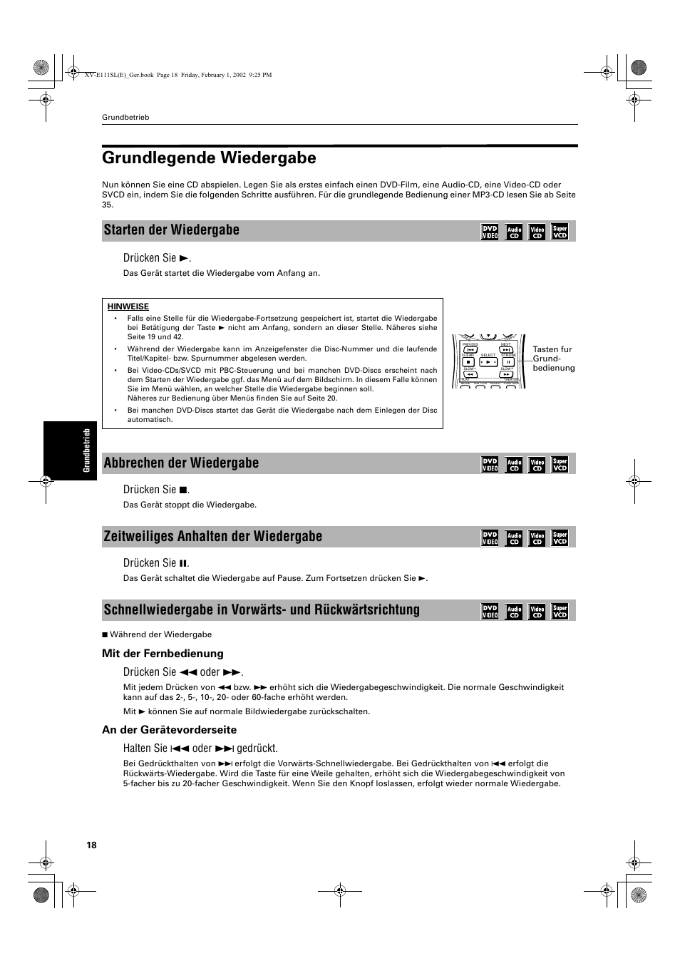 Grundlegende wiedergabe, Starten der wiedergabe, Drücken sie 3 | Drücken sie 7, Drücken sie 8, Mit der fernbedienung drücken sie 1 oder | JVC QP-111 User Manual | Page 22 / 156