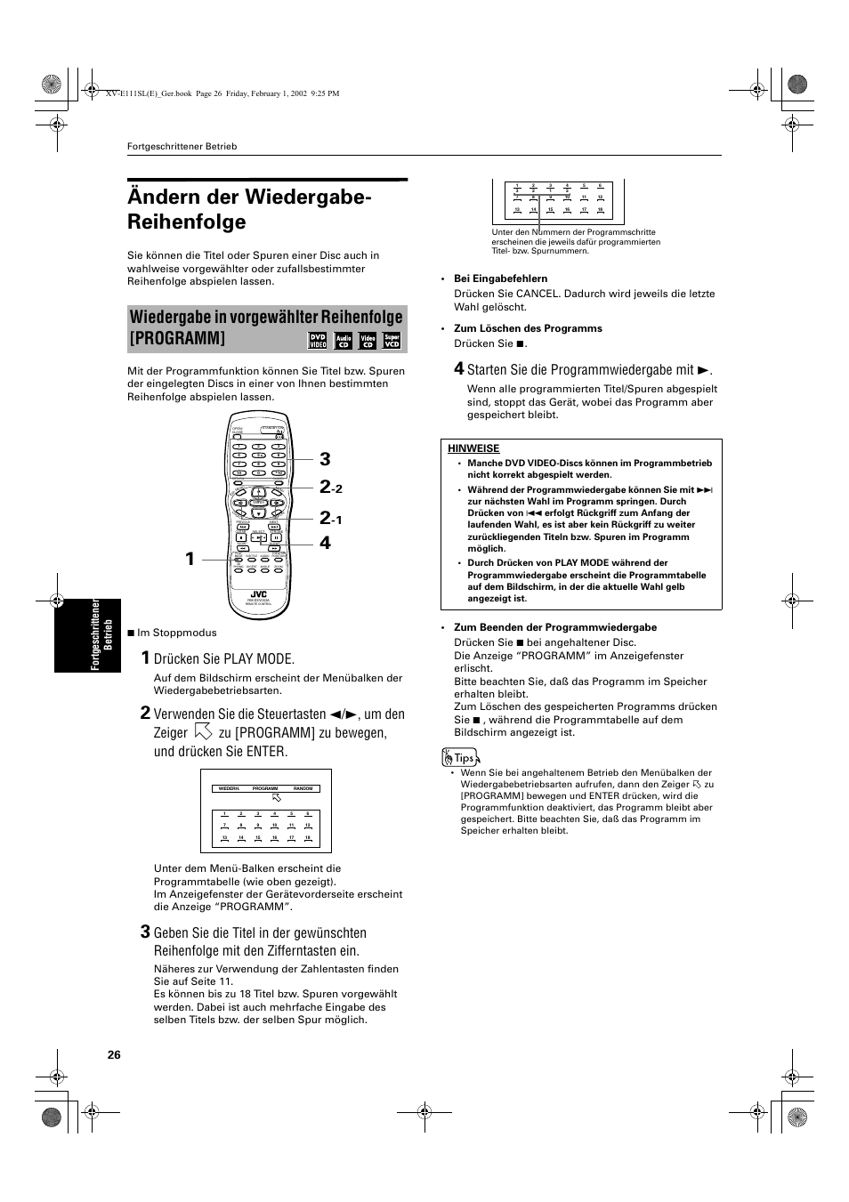 Ändern der wiedergabe- reihenfolge, Wiedergabe in vorgewählter reihenfolge [programm, Drücken sie play mode | Starten sie die programmwiedergabe mit 3 | JVC QP-111 User Manual | Page 30 / 156