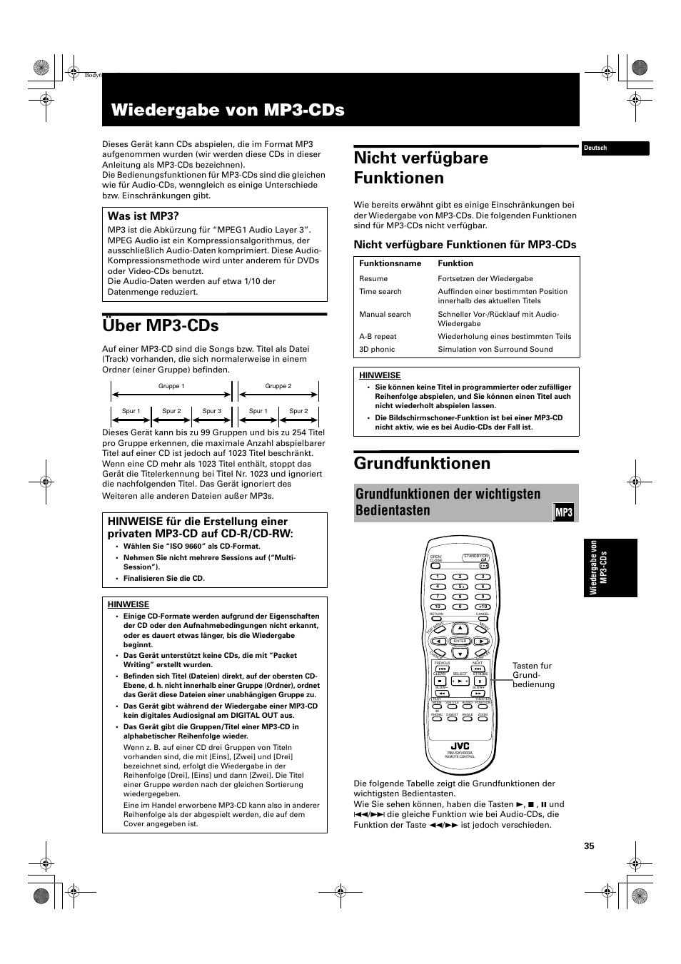 Wiedergabe von mp3-cds, Über mp3-cds, Nicht verfügbare funktionen | Grundfunktionen, Grundfunktionen der wichtigsten bedientasten, Nicht verfügbare funktionen für mp3-cds, Was ist mp3 | JVC QP-111 User Manual | Page 39 / 156