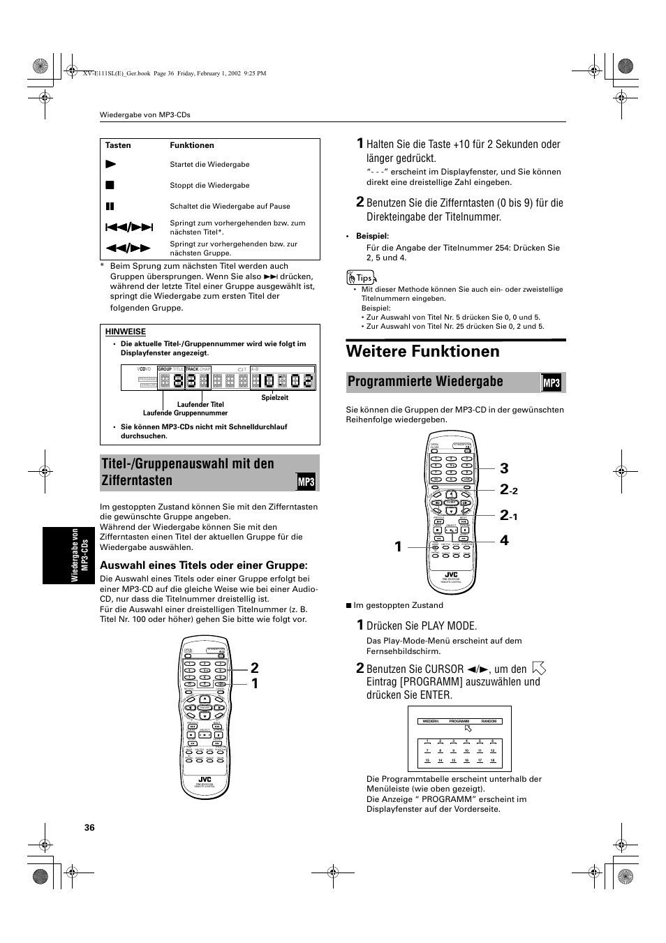 Weitere funktionen, Titel-/gruppenauswahl mit den zifferntasten, Programmierte wiedergabe | Auswahl eines titels oder einer gruppe, Drücken sie play mode | JVC QP-111 User Manual | Page 40 / 156