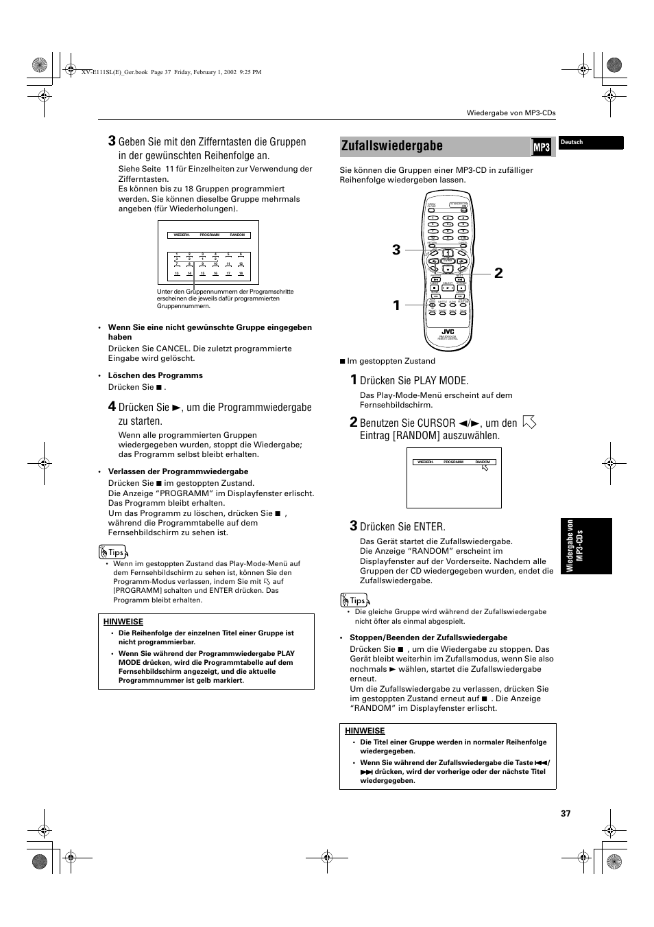 Zufallswiedergabe, Drücken sie play mode, Drücken sie enter | JVC QP-111 User Manual | Page 41 / 156