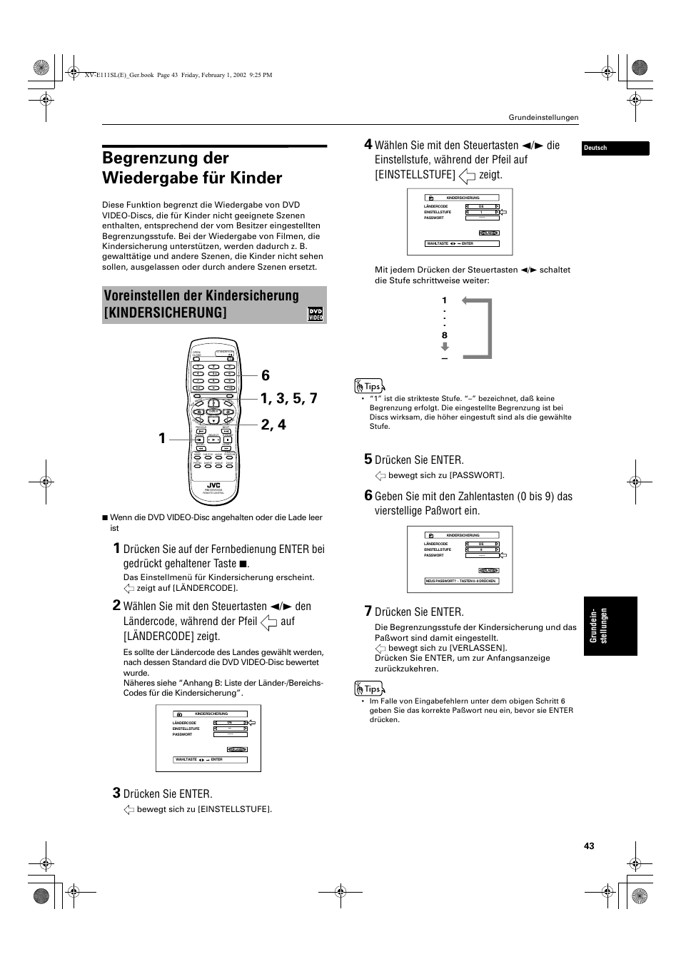 Begrenzung der wiedergabe für kinder, Voreinstellen der kindersicherung [kindersicherung, Drücken sie enter | JVC QP-111 User Manual | Page 47 / 156