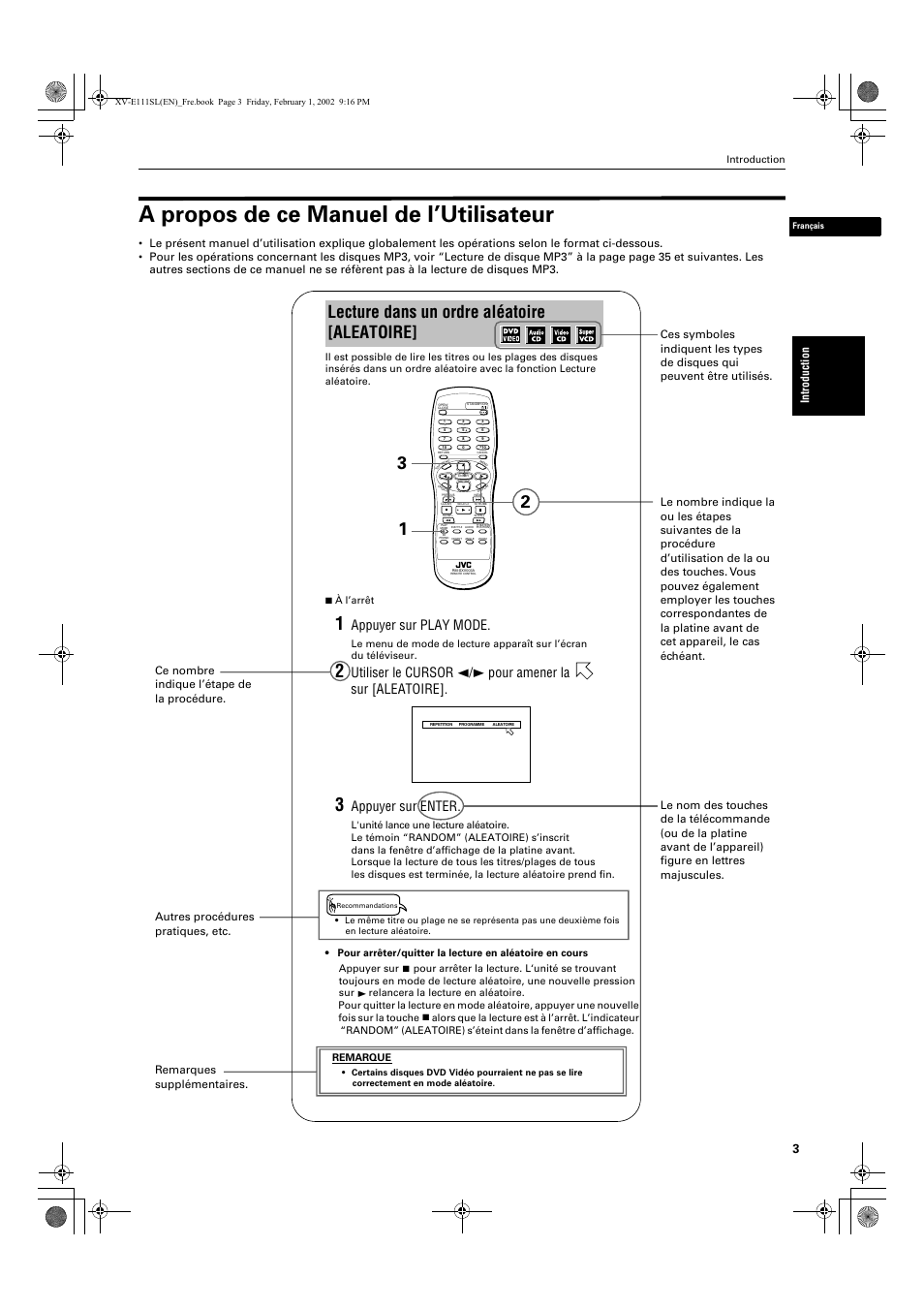 A propos de ce manuel de l’utilisateur, Lecture dans un ordre aléatoire [aleatoire, Appuyer sur play mode | Appuyer sur enter, Intro duction | JVC QP-111 User Manual | Page 57 / 156